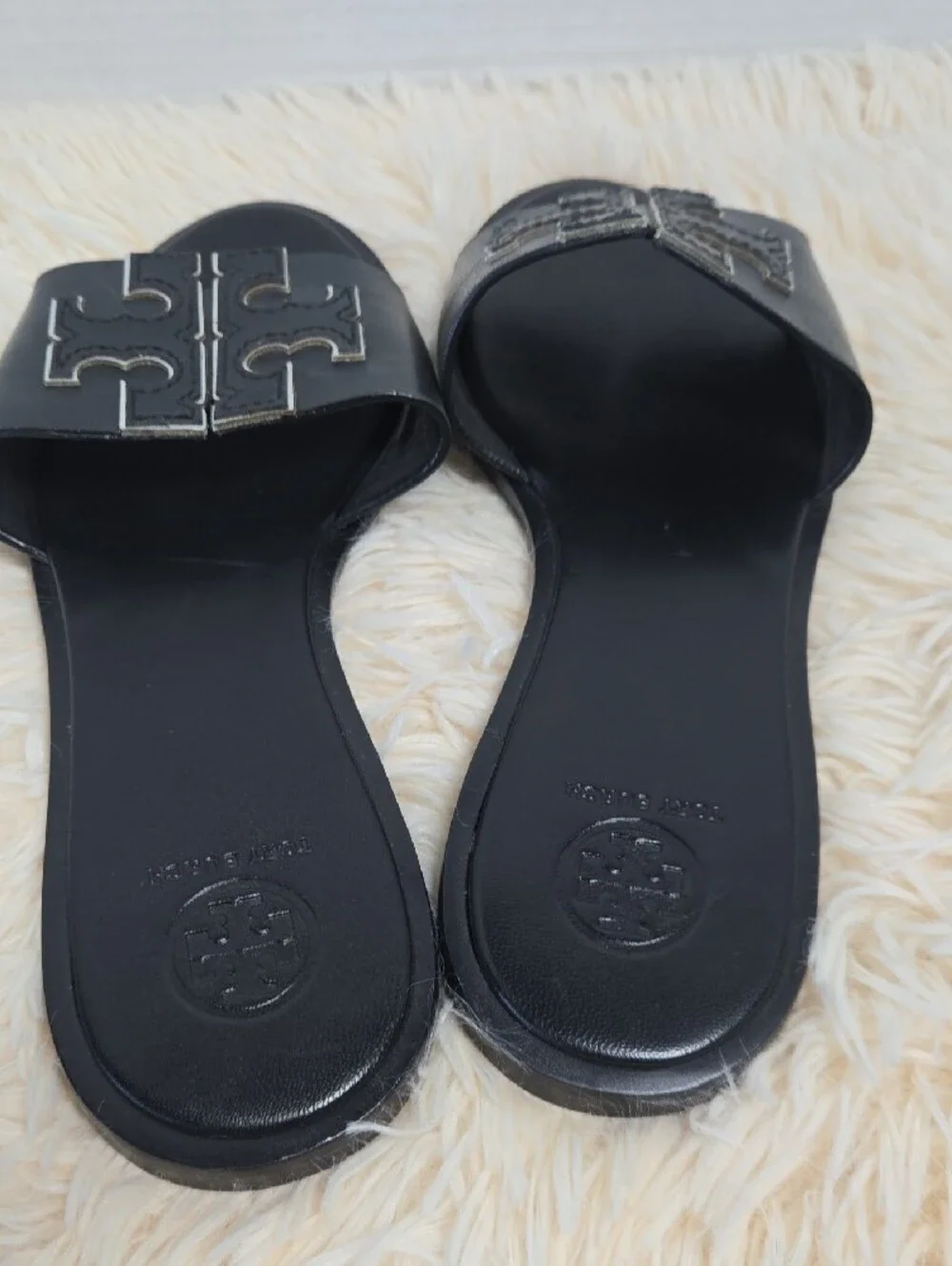 EUC Tory Burch Black Slide Sandals with Silver Logo Trim